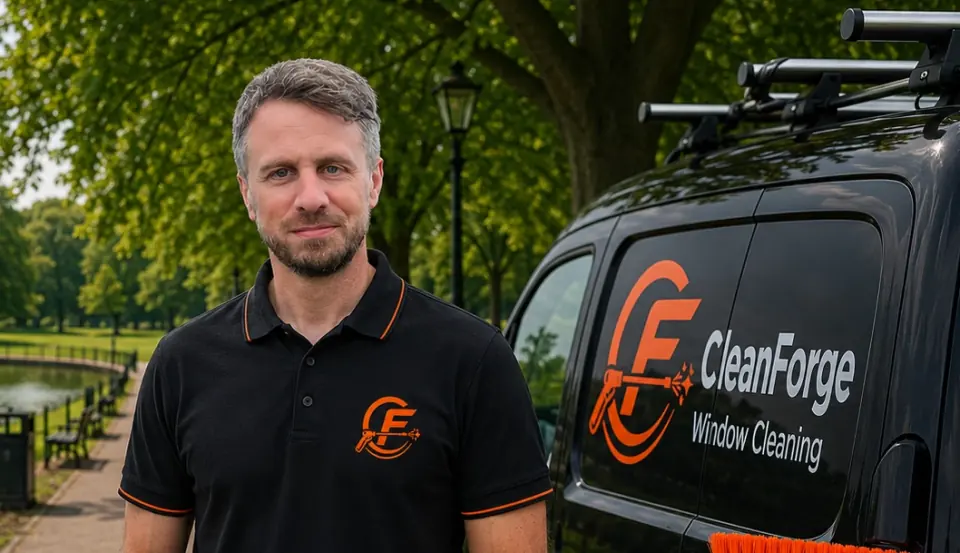 CleanForge window cleaning professional beside branded van
