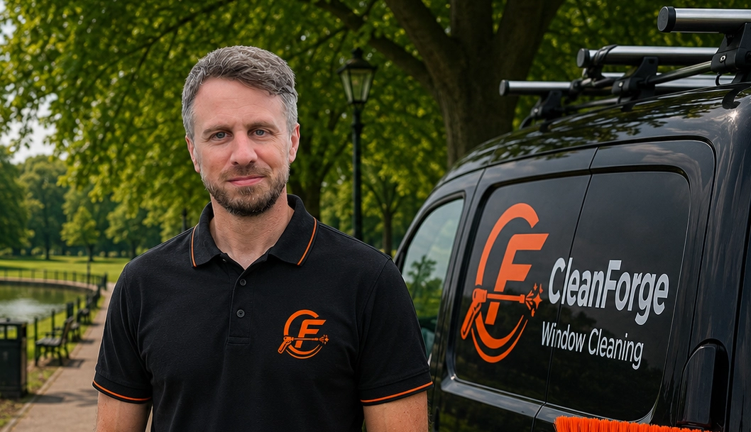 CleanForge window cleaning professional beside branded van